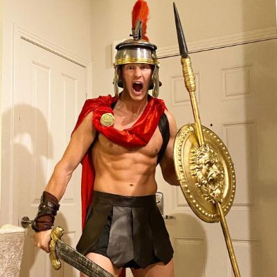 Anthony Konechny posing for a photo shoot ancient Roman soldier costume